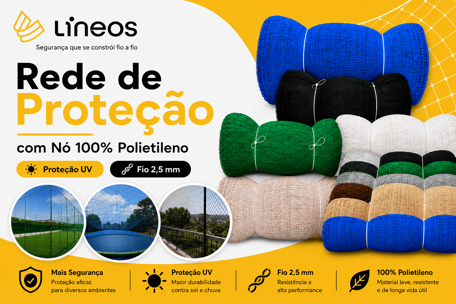 Rede de proteção com nó 100% polietileno · fio 2,5 mm