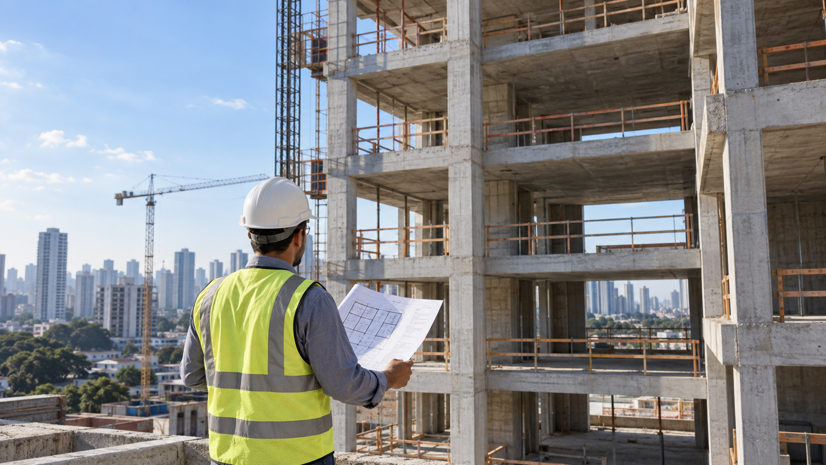 Profissional revisando planta diante de estrutura de concreto em obra