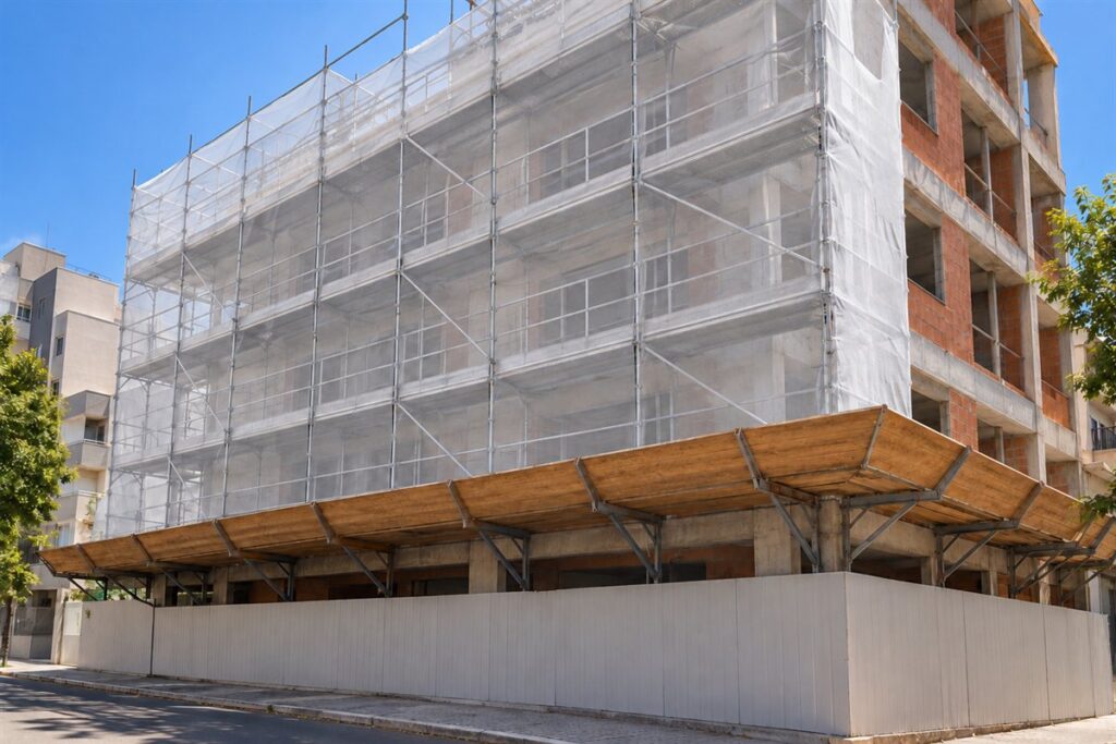 Andaime de fachada revestido por tela de contenção, com plataforma de proteção no perímetro da primeira laje