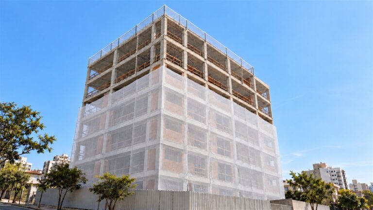 Fachada de edifício em construção com tela de contenção nos pavimentos inferiores e rede de segurança na borda das lajes superiores